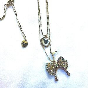 Betsey Johnson Sparkling Bow and Heart Double Necklace